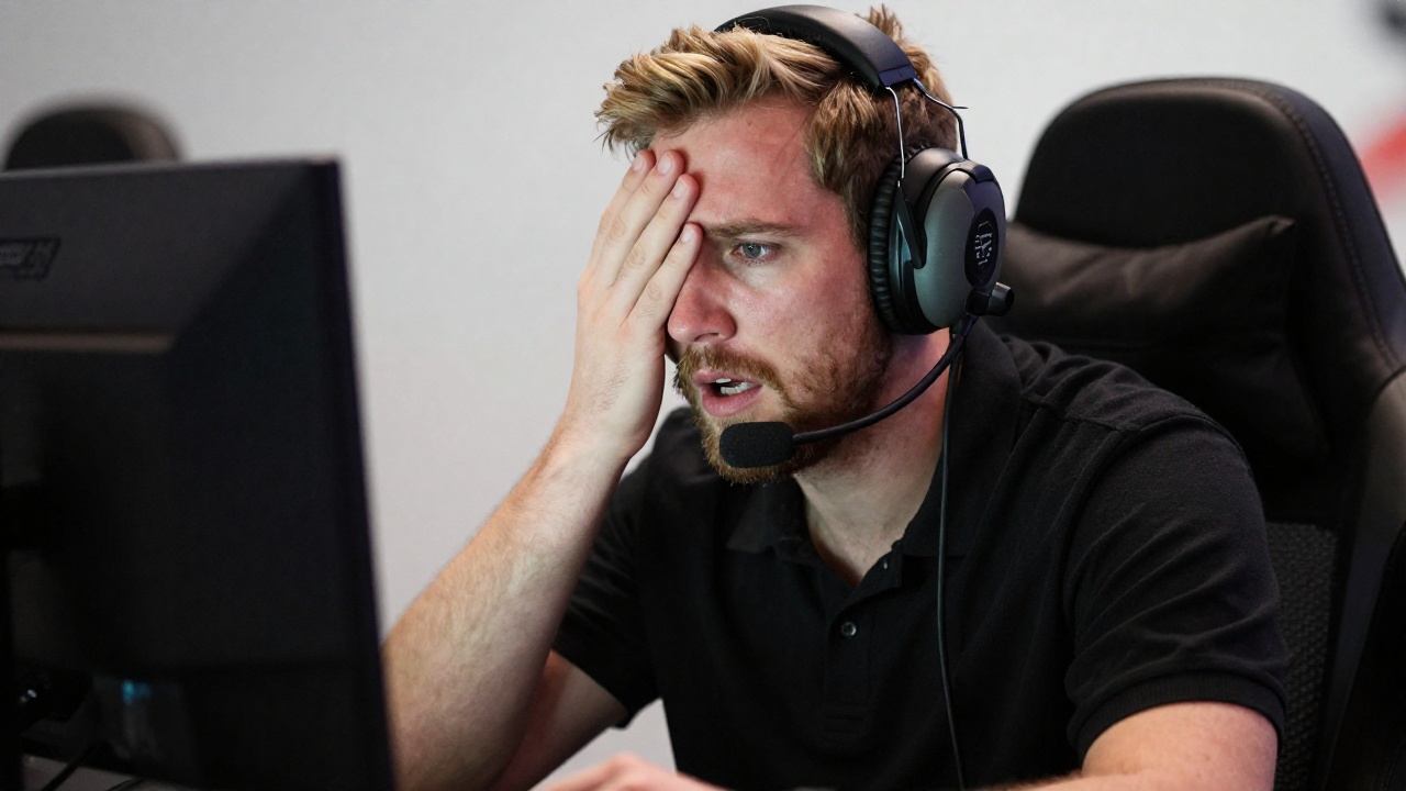 Профессиональный игрок CS2 на сцене турнира, напряжённый момент