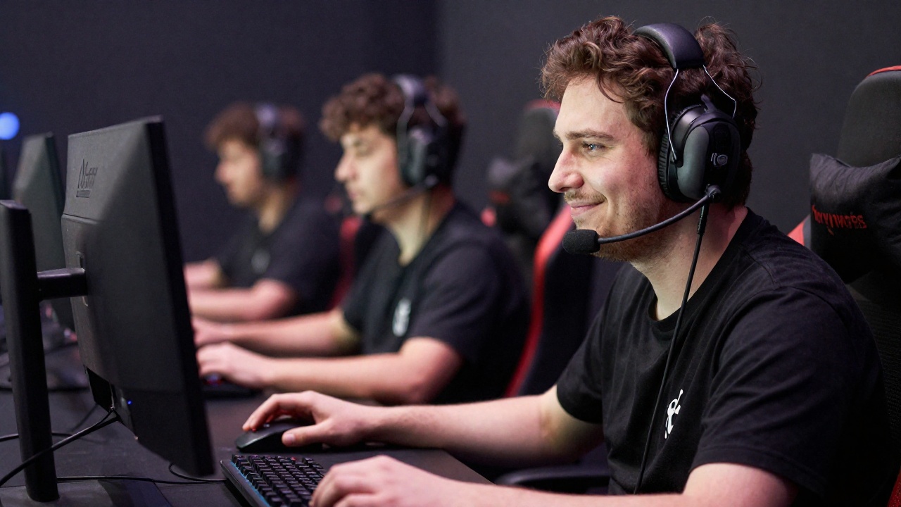 Игрок CS2 в наушниках за компьютером, турнирный фокус